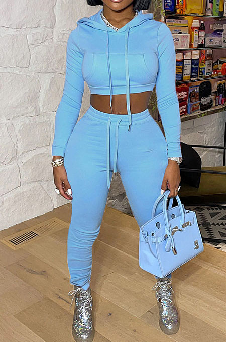 Light Blue Casual Winter Pure Color Long Sleeve Hoodie Trousers Sports Sets LMM8286-2