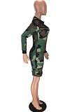 Camouflage Mesh See-Through Spliced Long Sleeve Collect Waist Bodycon Dress LMM8284-2