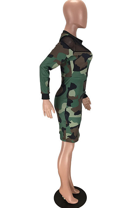 Camouflage Mesh See-Through Spliced Long Sleeve Collect Waist Bodycon Dress LMM8284-2