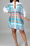 Blue White Color Matching Autumn Winter Simple Positioning Printing Long Sleeve Loose Shirt Dress LWW9321-2