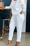 White Cotton Blend  Sleeve Opening Letter Embroid Loose Tops Trousers  Plain Color Casual Sets BBN209-2