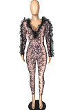 Rose Red Sexy Mesh Snakeskin Printing Long Sleeve Deep V Collar See-Through Two-Piece LMM8289-2