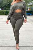 Army Green Wholesale Casual Long Sleeve Oblique Shoulder Loose Tops High Waist Ruffle Bodycon Pants Solid Color Sets QSS51051-1