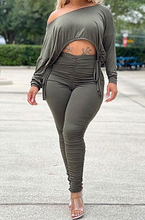 Army Green Wholesale Casual Long Sleeve Oblique Shoulder Loose Tops High Waist Ruffle Bodycon Pants Solid Color Sets QSS51051-1