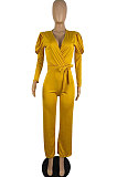 Black Wholesale Cotton Blend Pure Color Long Sleeve V Neck Collect Waist Wide Leg Jumpsuits LWW9322-1