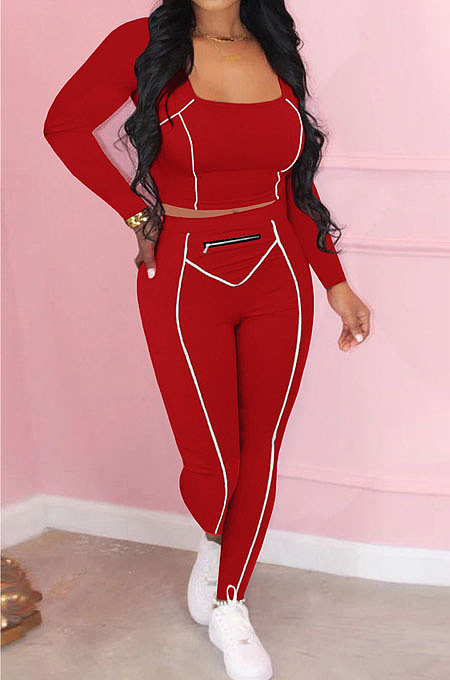 Red Fashion Stripe Spliced Long Sleeve Square Neck Bodycon Tops Pencli Pants Sets MD383-3