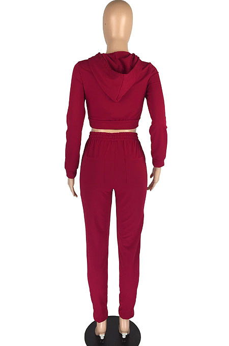 Purplish Red Casual Winter Pure Color Long Sleeve Hoodie Trousers Sports Sets LMM8286-1