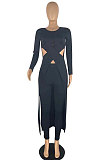 Red Modest New Women Long Sleeve Round Neck Cross Hollow Out Cape Tops Bodycon Trousers Solid Color Sets LWW9323-2