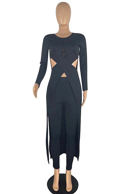 Red Modest New Women Long Sleeve Round Neck Cross Hollow Out Cape Tops Bodycon Trousers Solid Color Sets LWW9323-2