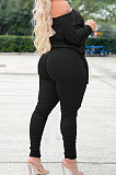 Army Green Wholesale Casual Long Sleeve Oblique Shoulder Loose Tops High Waist Ruffle Bodycon Pants Solid Color Sets QSS51051-1