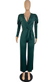 Black Wholesale Cotton Blend Pure Color Long Sleeve V Neck Collect Waist Wide Leg Jumpsuits LWW9322-1