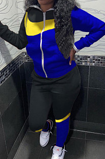 Black Blue Winter Mulitucolor Spliced Long Sleeve Zip Front Hoodie Trousers Sports Sets LMM8290-2