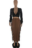 Black New Casual Long Sleeve Deep V Neck Crop Tops Cute Tassel  Hip Skirts Sets S66316-1