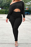 Army Green Wholesale Casual Long Sleeve Oblique Shoulder Loose Tops High Waist Ruffle Bodycon Pants Solid Color Sets QSS51051-1