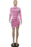 Mulitcolor Orange Sexy Irregularity Printing Long Sleeve High Neck Bodycon Hip Dress SDE22116-2