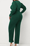Black Wholesale Cotton Blend Pure Color Long Sleeve V Neck Collect Waist Wide Leg Jumpsuits LWW9322-1