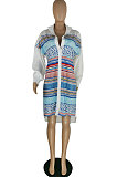 Blue White Color Matching Autumn Winter Simple Positioning Printing Long Sleeve Loose Shirt Dress LWW9321-2