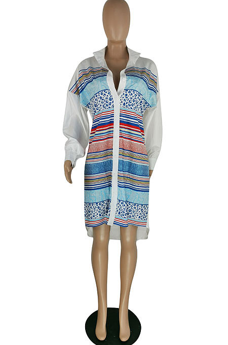 Blue White Color Matching Autumn Winter Simple Positioning Printing Long Sleeve Loose Shirt Dress LWW9321-2