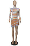 Pink Sexy Irregularity Printing Long Sleeve High Neck Bodycon Hip Dress SDE22116-1