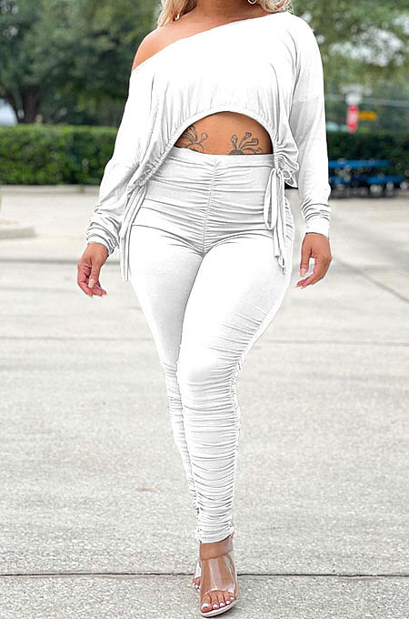 White Wholesale Casual Long Sleeve Oblique Shoulder Loose Tops High Waist Ruffle Bodycon Pants Solid Color Sets QSS51051-4