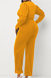 Green Wholesale Cotton Blend Pure Color Long Sleeve V Neck Collect Waist Wide Leg Jumpsuits LWW9322-3