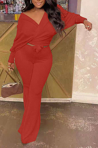 Red Fashion Pure Color Ribber Loose Bowknot Casual Pants Sets AMN8029-3