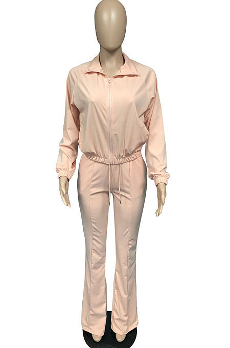 Apricot Casual Solid Color Long Sleeve Zipper Loose Coat Mid Waist Flare Pants Sports Sets WA7115-2