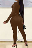 Drak Red Woemn Solid Color Long Sleeve Printing Tight Pants Sets AMN8031-3