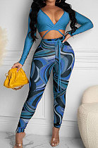 Peacock Blue Sexy Club Long Sleeve Low-Cut  Bandage Crop Tops Printing Skinny Pants Sets S66317-1