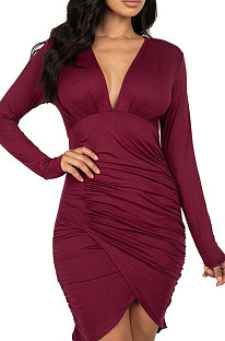 Wine Red Night Club Sexy Long Sleeve V Neck Collect Waist Slim Fitting Ruffle Hip Dress SMR10155-4