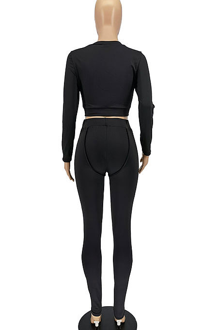 Black Women Fashion Bodycon Long Sleeve Round Collar Solid Color Pants Sets AA5284-1