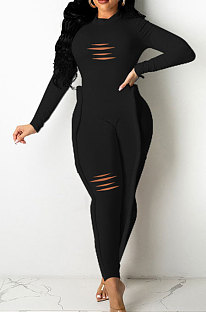 Black Wholesale Women's Long Sleeve O Neck Hole Slim Fitting Lock Seam Bodycon Jumpsuits SDE29132-2