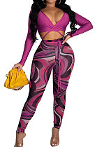 Rose Red Sexy Club Long Sleeve Low-Cut  Bandage Crop Tops Printing Skinny Pants Sets S66317-5