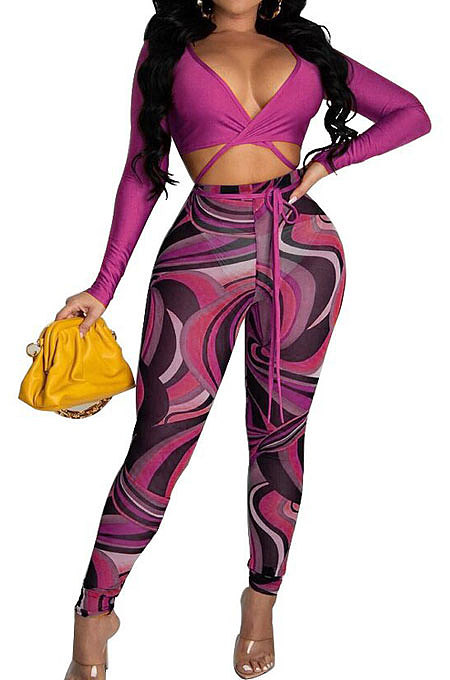 Rose Red Sexy Club Long Sleeve Low-Cut  Bandage Crop Tops Printing Skinny Pants Sets S66317-5