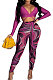 Rose Red Sexy Club Long Sleeve Low-Cut  Bandage Crop Tops Printing Skinny Pants Sets S66317-5