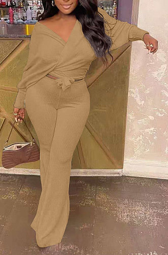 Khaki Fashion Pure Color Ribber Loose Bowknot Casual Pants Sets AMN8029-5