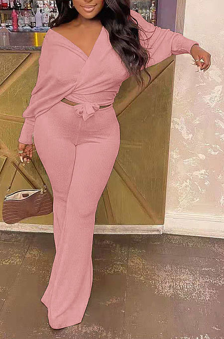 Pink Fashion Pure Color Ribber Loose Bowknot Casual Pants Sets AMN8029-2