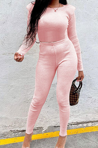 Light Blue New Women's Ribber Elastic Long Sleeve Round Neck Tops Pencil Pants Plain Color Sets SM9211-3