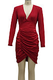 Red Night Club Sexy Long Sleeve V Neck Collect Waist Slim Fitting Ruffle Hip Dress SMR10155-1