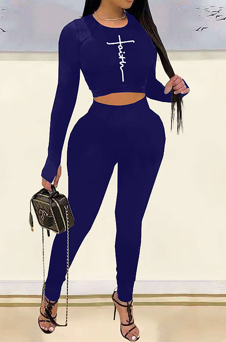 Dark Blue Woemn Solid Color Long Sleeve Printing Tight Pants Sets AMN8031-4