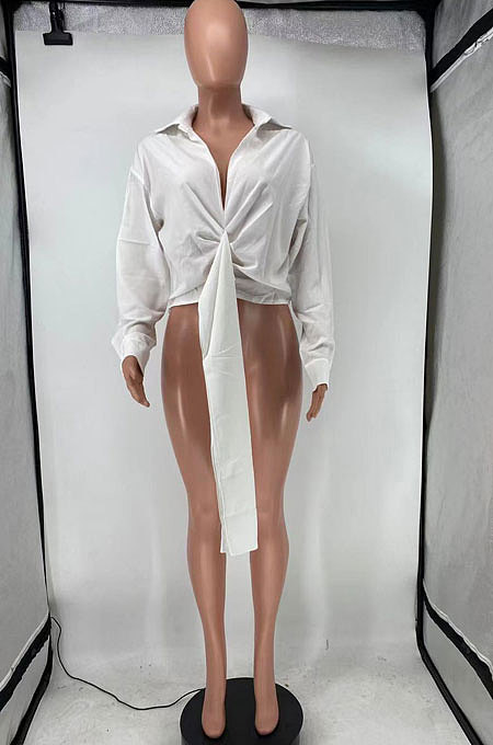 Apricot Club Ruffle Long Sleeve Deep V Neck Solid Color Casual Shirts SMD82085-1