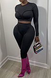 Black Women Fashion Bodycon Long Sleeve Round Collar Solid Color Pants Sets AA5284-1