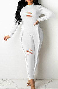 White Wholesale Women's Long Sleeve O Neck Hole Slim Fitting Lock Seam Bodycon Jumpsuits SDE29132-3