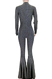 Golden Fashion Stripe Bright Side Long Sleeve O Neck Collect  Waist Plain Color Flare Jumpsuits CL6039-1