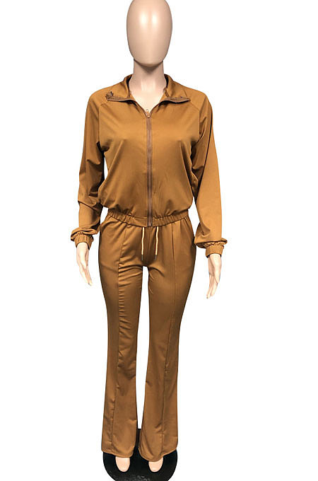 Apricot Casual Solid Color Long Sleeve Zipper Loose Coat Mid Waist Flare Pants Sports Sets WA7115-2