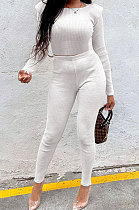 White New Women's Ribber Elastic Long Sleeve Round Neck Tops Pencil Pants Plain Color Sets SM9211-2
