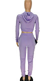 Gray Women Pure Color Long Sleeve Hoodede Tops Bodycon Pants Sets ANK06029-2