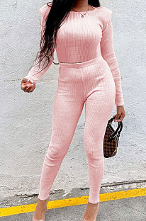 Pink New Women's Ribber Elastic Long Sleeve Round Neck Tops Pencil Pants Plain Color Sets SM9211-1