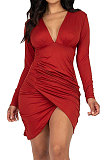 Pink Night Club Sexy Long Sleeve V Neck Collect Waist Slim Fitting Ruffle Hip Dress SMR10155-2