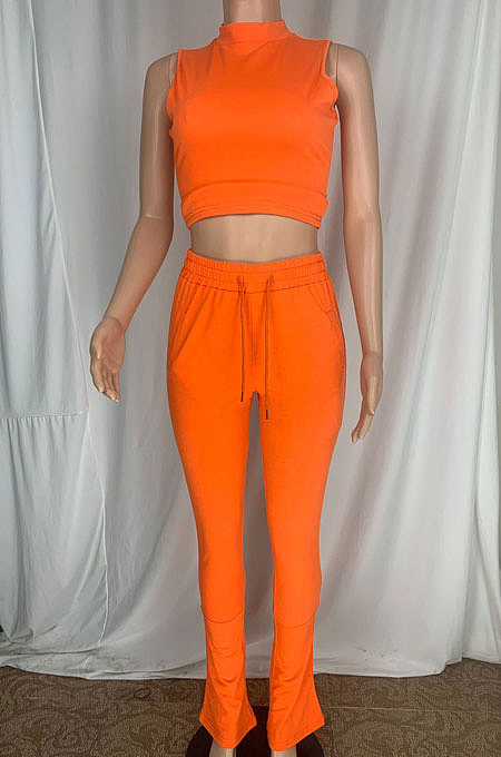 Black Cottton Blend Sleeveless Crop Tips Ruffle Pants Solid Color Sets CL6107-1